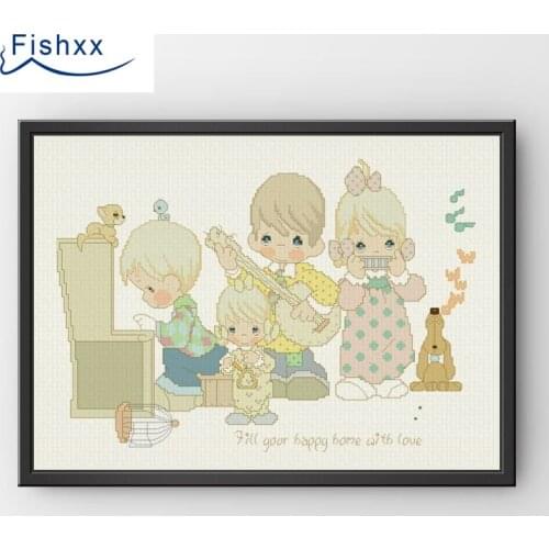 Fishxx Cross Stitch 14CT Kit European Style ChildrenS Bedroom Paintings H131 Family Ensemble Music Ivory White Cloth