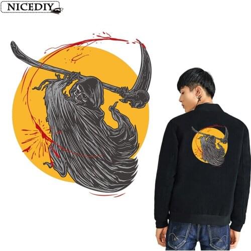 Nicediy Grim Reaper Skull Heat Transfer Vinyl Sticker Applique On Clothes Stickers Punk Hippie Patches Badge Decor Washable DIY