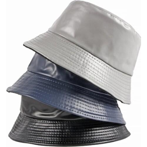 2021 Apring Faux Leather Bucket Hat Double Sided Hat Pu And Cotton Solid Sun Hat Summer Ladies Fashion Panama Fisherman Cap