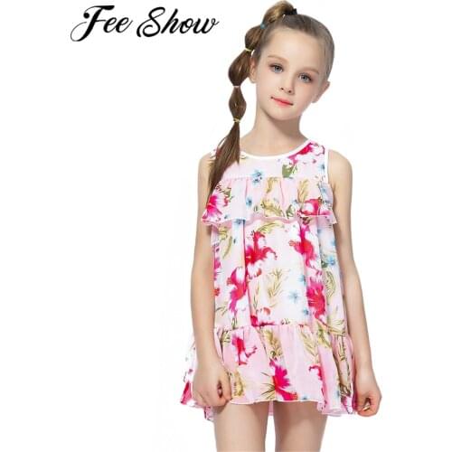 Summer Girls Dress Sleeveless Ruffle Flower Print Princess Tutu Dress Party Kids Dresses For Girls Children Clothes 4-12 Years