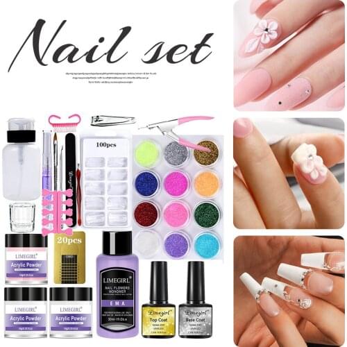 Full Acrylic Powder Nail Kit with Base Top Coat Glitter Nail Starter DIY Set Nail Extension Carving Manicure Set No Cured Needed
