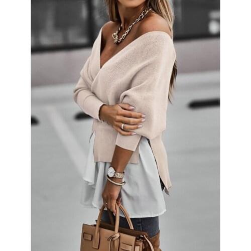 Sexy V Neck Backless Blouse Women Casual Ribbed Knitted Patchwork Pullover Elegant Lady Tops New Fashion Lantern Sleeve Shirts