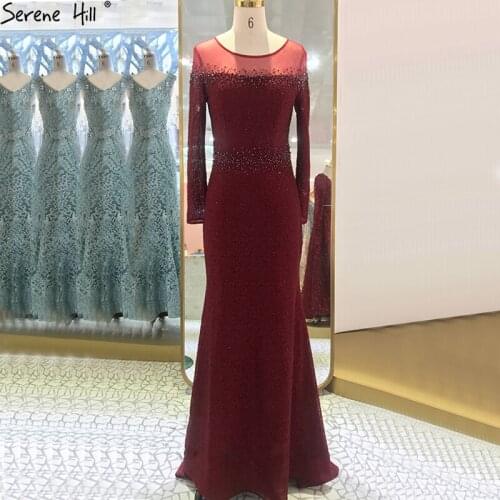Serene Hill Mermaid Wine Red O-Neck Evening Gowns 2020 Lone Sleeves Beading Luxury Formal Dress Design LA70730