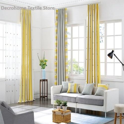 Custom Nordic curtains yellow striped little bee curtains bedroom living room cotton and linen embroidered curtains