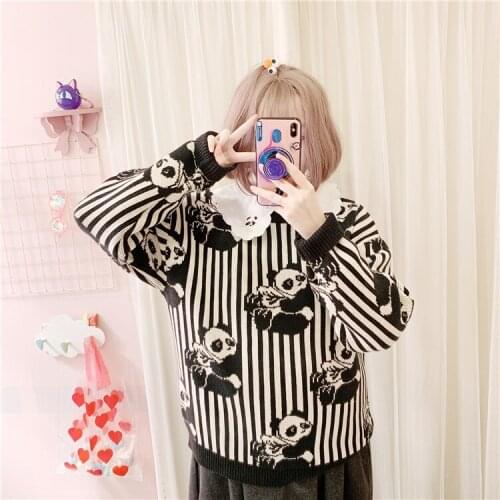 Grand Hotel Panda Cute Womens Knitted Sweater Black & White Stripped Pullovers Long Sleeve Fall,Winter Sweaters Cute Girls