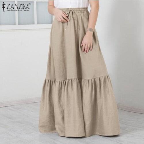 2021 ZANZEA Summer Women Long Skirts Vintage Elastic Waist Casual Holiday Party Faldas Saia Jupe Solid Ruffles Maxi Beach Skirts