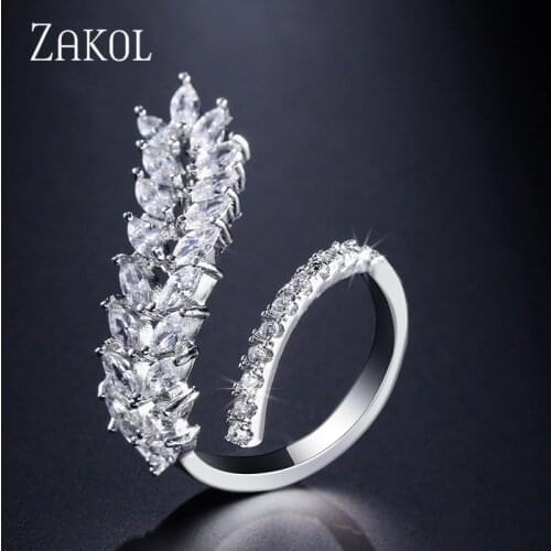 ZAKOL Fashion Zircon Wedding Rings AAA Clear Zirconia Adjustable Ring For Women Girl Vintage Leaf Jewelry FSRP239
