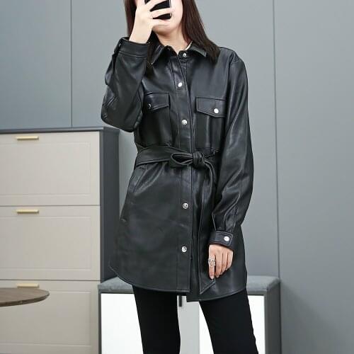 Long leather windbreaker jacket coat belt black pocket zaraing-style za 2021 women sheining vadiming women jacket coat