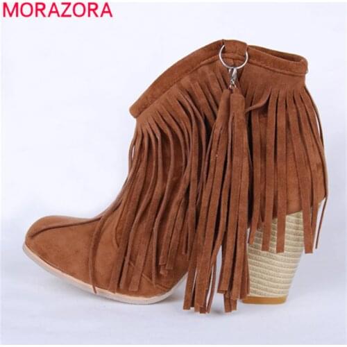 MORAZORA 2020 wholesale big size 48 women ankle boots flock tassel autumn winter booties high heels party prom shoes woman