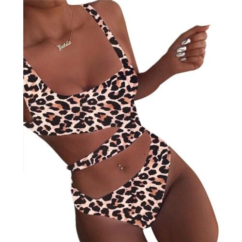 New Women Summer Swimwear Solid/Leopard/Polka Dot Square-Neck Sleeveless Hollow Out Swimsuit for Girls Bikinis