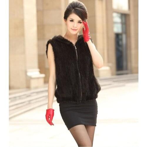 New Womens real genuine natural Knitted Mink Fur vest with hood Winter Warm knit Jacket gilet closed with zip