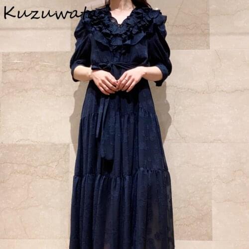 KUZUWATA 2021 Summer New Ruffle Long Dress V Neck Women Vintage Short Sleeve Lady Vestidos Denim Robe with Sashes Belt