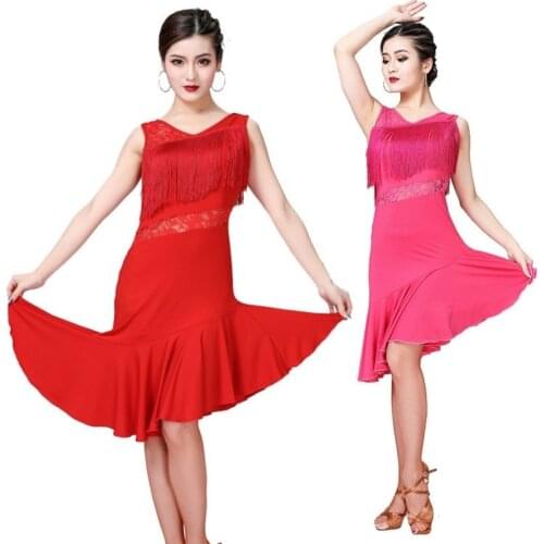 Women Latin Dance Dress Salsa Tango Ballroom Costume Lace Tassel Rumba Practice 904-A986