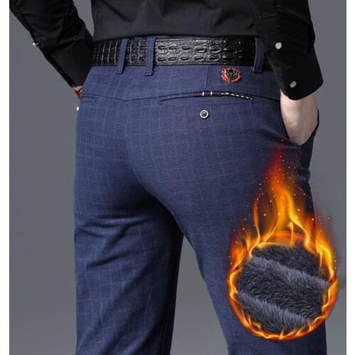 Winter Mens Thick Warm Casual Pants 2020 Classic Style Business Office Black Straight Fleece Stretch Trousers Male Brand