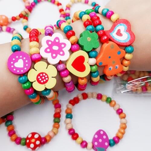 12Pcs Colorful Wooden Bracelets Handmade Wood Beads Children Kids Party Classic Toy Gift for Girl Boy Elastic Cute hand Bracelet