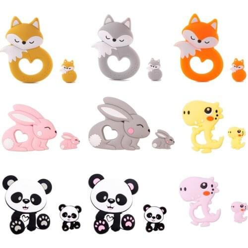 2pc/Set Baby Teether Silicone Animal Big And Small Suit Dinosaur Fox Beads Baby Teething Toys Pendant Tiny Rod Silicone Teethers