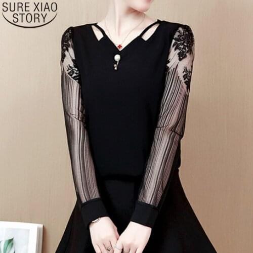 2021 Lace V Neck Women Shirts Hollow out Chiffon Blouse Womens Long Sleeve Women Tops And Blouses Blusas Plus Size 2314 50