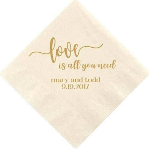 50pcs Love is All You Need Personalized Wedding Napkins, Rehearsal Dinner, Engagement Party,Bar Napkins, Custom Wedding Napkins