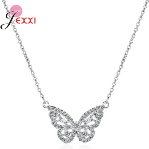 New Fashion Women Girls Lovely Glitter Crystal Butterfly Necklaces 925 Sterling Silver Clavicle Chains For Wedding Party