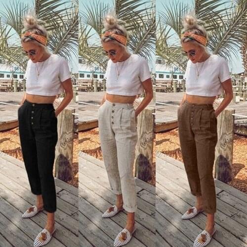 Women Pants Ladies Solid Color Pocket Buttons Casual All-match Pencil Pants Plus Size S-3XL Spring Summer Straight Slim Trousers