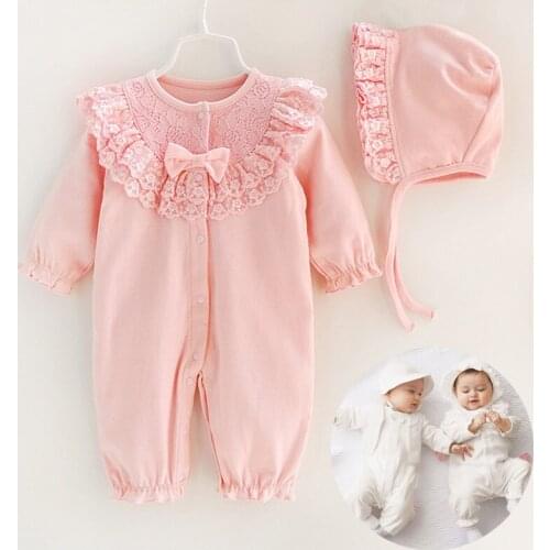 Baby Girl Romper Long Sleeve Princess Lace Flower Infant Dress Jumpsuit With Hat Cotton Bebe Rompers Newborn Baby Girl Clothes
