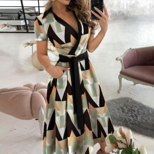 Fashion Women Dress Turn Down Collar Solid Color Short Sleeve Belt Long A-line Dress for Party Chic Fashion Dress