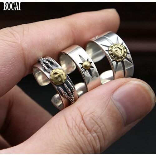 BOCAI Real S925 sterling silver jewelry vintage Thai silver man and Woman rings simple open ring inlaid with copper