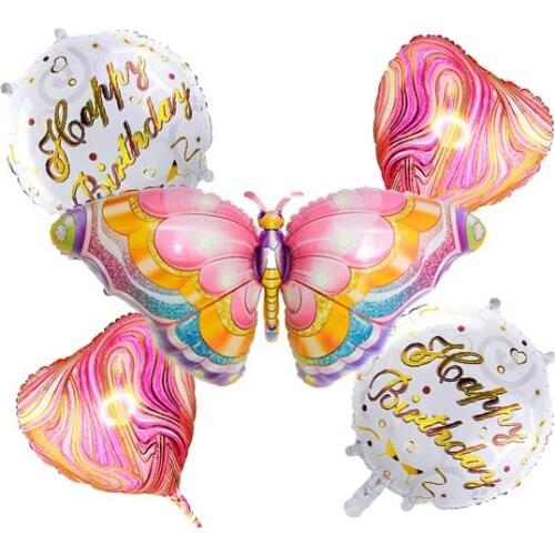 5 Pieces Butterfly Balloons Set, 2 Pieces 18 Inch Agate Heart Mylar Balloon 2 Pieces Birthday Foil Round Balloon and for Party