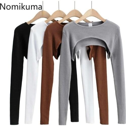 Nomikuma 2020 Autumn New Super Short Pullover Sweater Long Sleeve O-neck Women Tops Causal Solid Sexy Cropped Sweaters 6C860