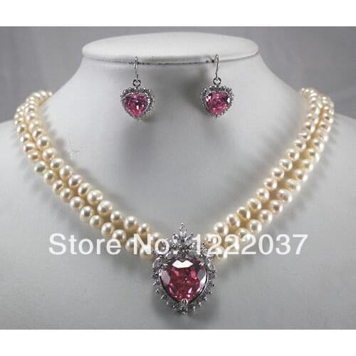 New 2 row 7-8mm white pearl & heart pink zircon pendant necklace earring set