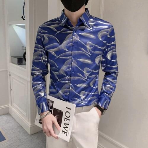 2021 Autumn Printed Mens Shirt Long Sleeve Slim Streetwear Casual Shirt Male Business Formal Dress Shirts Social Party Tuxedo