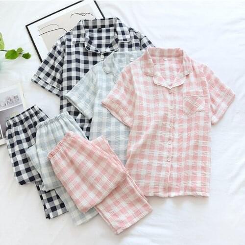 Summer Couple Pajamas Pure Cotton Crepe Simple Plaid Short Sleeve Trousers Men/women Sleepwear Set Loose Comfy Soft Home Wear