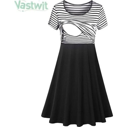 Pregnant Women Casual Breastfeeding Nursing Dress Summer Short Sleeve Loose Striped Feeding Dress Pregnancy Maternity Dresses