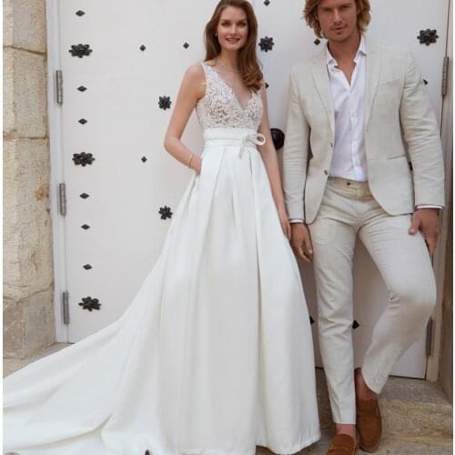 Beach Sleeveless V Neck Lace Satin Empire Wedding Dresses With Pocket Bohemia Style 2021 robe de soirée de mariage