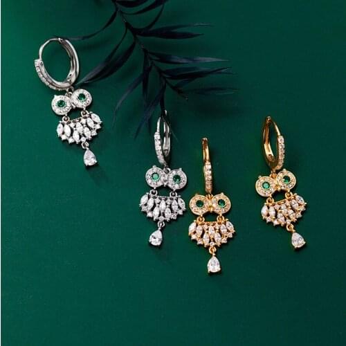 925 Silver Golden Zircon Owl Long Hoops Earrings For Women 2021 Trend Unusual Luxury Gift Animal Female Accessories For Jewelry