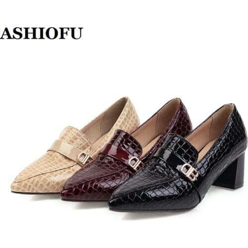 ASHIOFU Wholesale Womens New Chunky Heels Pumps Crocodile-style Shinny Party Office Dress Shoes DB-leather Fashion Court Shoes
