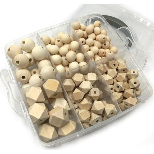 200pcs DIY Wooden Combination Beads Set Package Blending Natural Round Geometry Hexagon Wooden Beads Baby Teether Toys Set