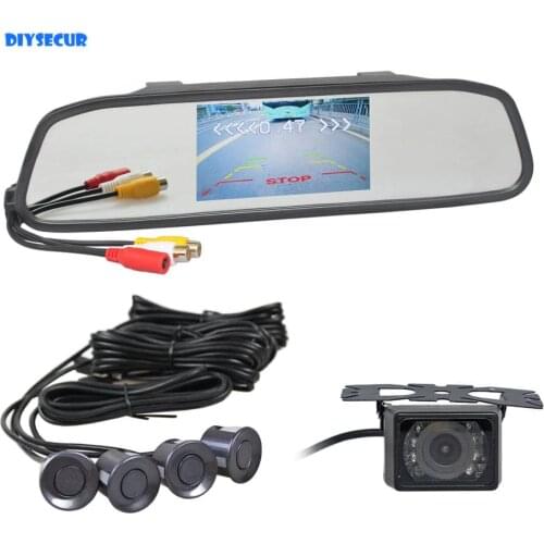 DIYSECUR 3 in 1 Video Parking Radar 4 Sensors 4.3" Car Mirror Monitor + HD IR Night Vision Rear View Car Camera