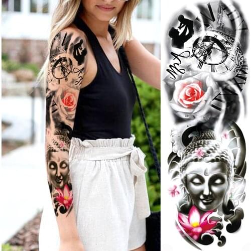Sexy Rose Buddha Temporary Tattoos For Men Women Body Art Full Arm Sleeve Tatoo Disposable Fake Tattoo Sticker Realistic Tatoos