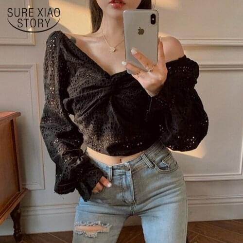 Elegant Black Lace Blouse Shirt Sexy Hollow Out Embroidery Feminine Blouse Women Long Lantern Sleeve Summer Tops Female 13213