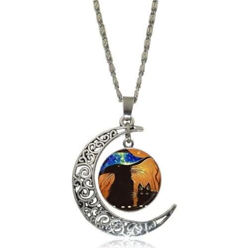 EJ Glaze Black Cat Magic Fashion Jewelry Vintage Glass Necklace With Crescent Moon For Women Wedding