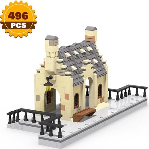MOC European Medieval Railway Station Street Magic School Movie Scene Building Blocks Train Track Bricks Model Toys for Boys
