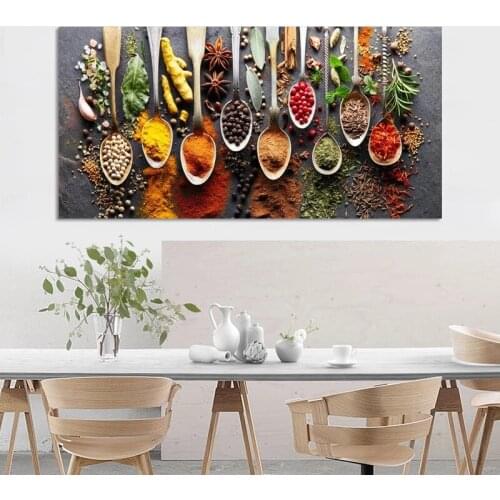 Colorful Spice and Spoon In Table Canvas Painting Kitchen Themed Posters and Prints Wall Art Pictures for Living Room Home Decor