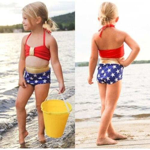 Toddler Baby Girls Halter Lace Up Stars Print Swimsuit Bathing Beach Swimwear Swimming Bikini Set Costume Tankinis