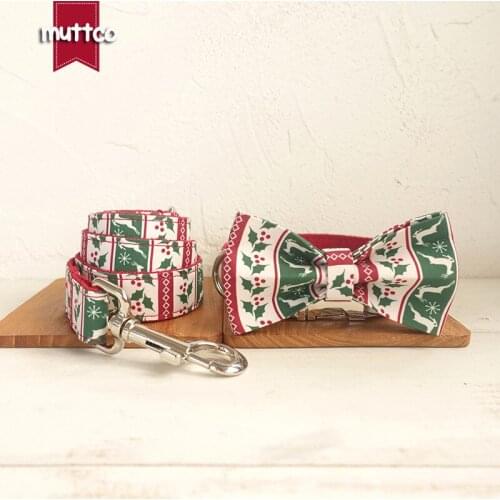 MUTTCO handmade bowknot high quality collar THE CHRISTMAS DEER handmade poly satin and nylon 5 sizes dog collar set UDC094