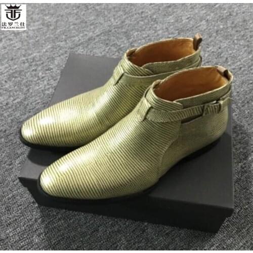 FR.LANCELOT mens casual leather boots buckle pointed toe man ankle boots Personality stripe print chelsea boots slip on botas