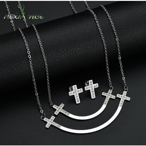 Nextvance Stainless Steel Jesus Cross Necklace Rhinestone Double Layer Chain Necklaces Earring Set For Wedding Jewelry Bijoux