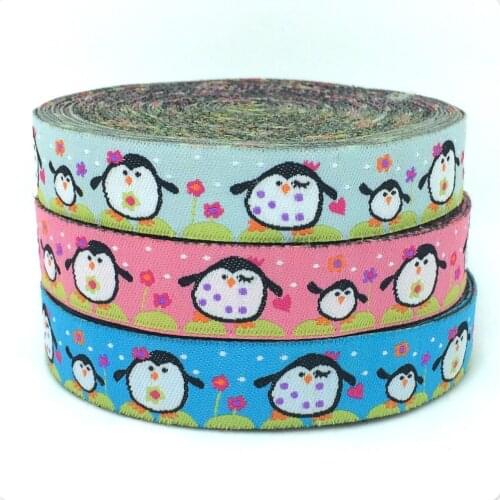 NEW wholesale 5/8 '(16 mmx10yards) 100% Polyester Woven Jacquard Ribbon with The penguin happiness family for Dog collar