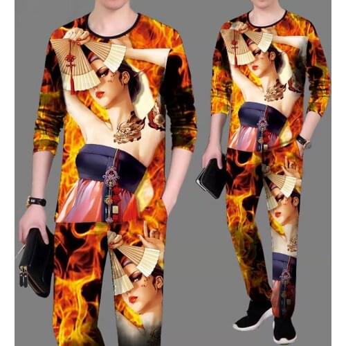Autumn suit men 2020 new Flame beauty pattern trend handsome men printing fashion clothes men casual suit outfit