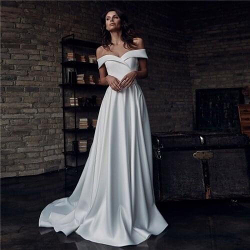 Simple Satin Wedding Dresses Sexy V Neck Bow Zipper Off the Shoulder A-Line Bridal Gowns Plus Size Vestido De Noiva Cheap